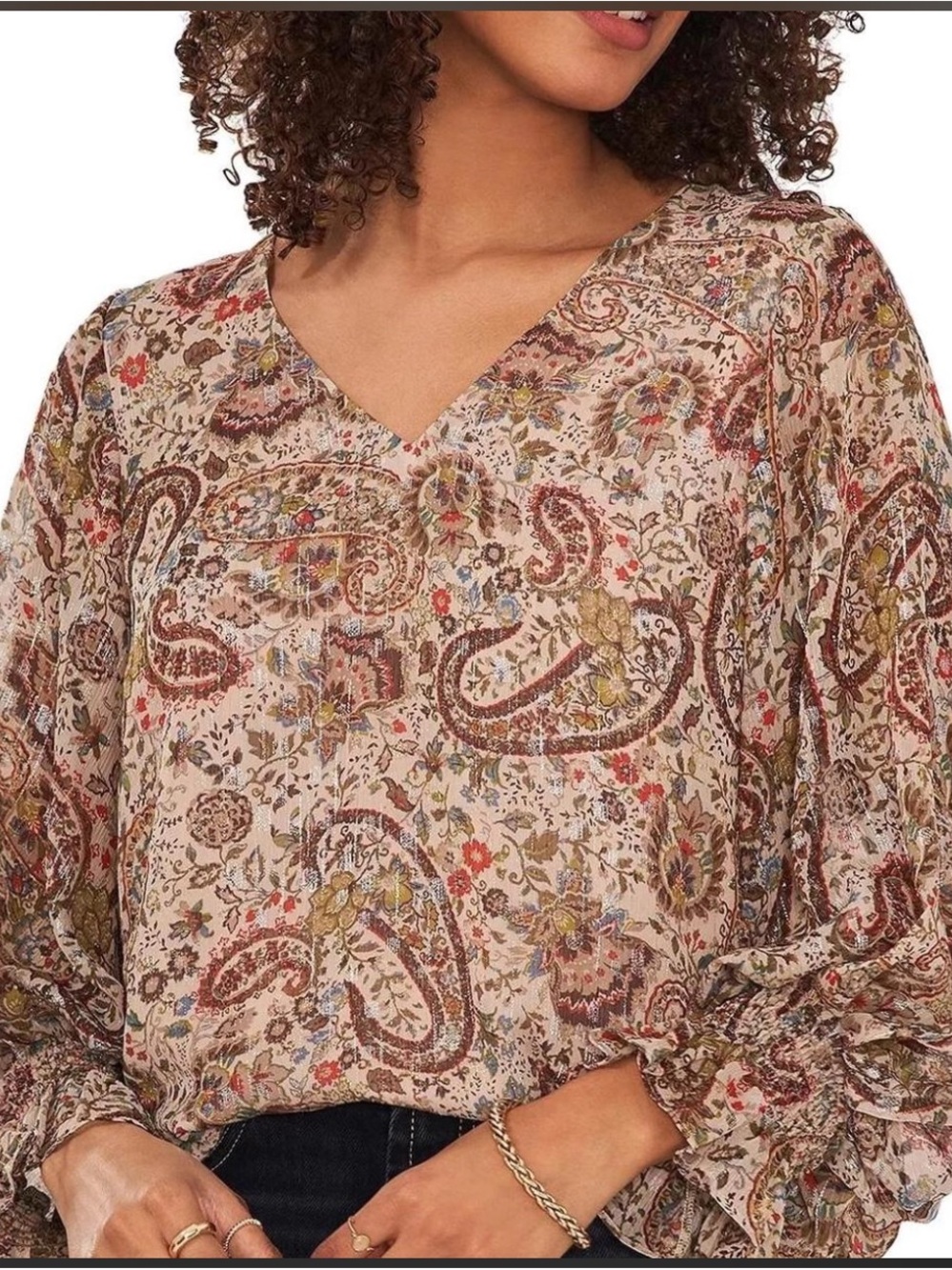 Vince Camuto Paisley Floral V-Neck Blouse - Beige Multi